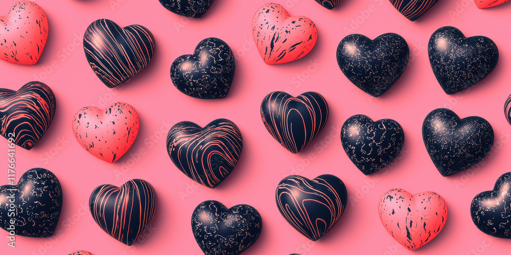 Poster minimalist hearts in various styles on pink background create vibrant pattern