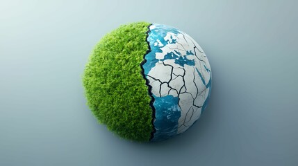 A stylized globe divided into vibrant green vegetation and cracked earth, symbolizing environmental contrast and the impact of climate change.