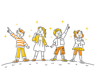 未来を目指し、空を見上げる４人の子どもたち