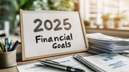 2025 Financial Goals on a Minimalistic Whiteboard with Documents and Pen