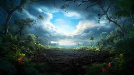 A lush, vibrant forest scene with dramatic clouds and a bright sky, inviting a sense of adventure and wonder in nature.