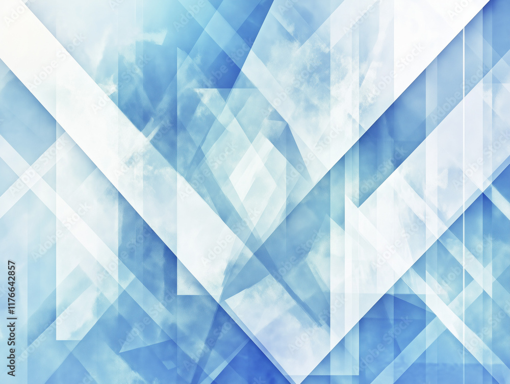 Poster modern abstract blue background design with layers of textured white transparent material in triangle diamond and squares shapes in random geometric pattern