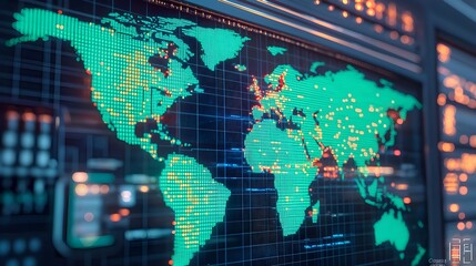 Obraz premium Detailed Digital World Map with Network Nodes and Data Visualization