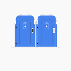 Two portable restrooms in flat vector illustration symbolizing public hygiene and sanitation, isolated on white background.