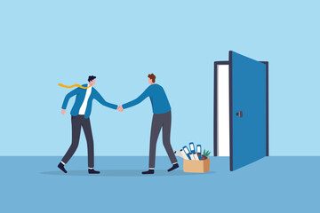 Offboarding process for employee leaving company, farewell or departure, quit job, decision for new opportunity, terminate work contract process, businessman manager check hands with leaving employee.