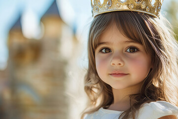 A little girl wearing a crown, pretending to be a queen in her backyard castle