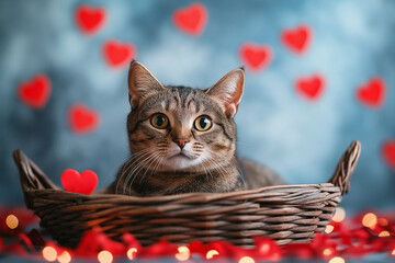 Cat with red heart sitting in basket. Happy Valentine day