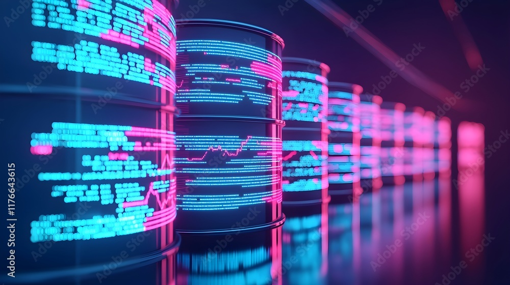Poster digital data visualization with neon barrels and futuristic design