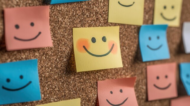 Celebrating National Compliment Day: Post-it notes with positive messages on a corkboard.