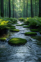Obraz premium Serene forest stream with moss-covered stones and lush greenery.
