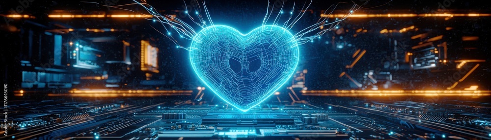 Aufkleber futuristic heart shape with digital circuitry and neon glow in a technology-inspired background for 