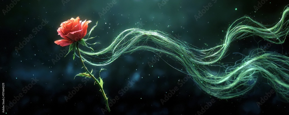 Poster ethereal rose bloom floating in dreamy space with enveloping green tendrils and sparkling light part