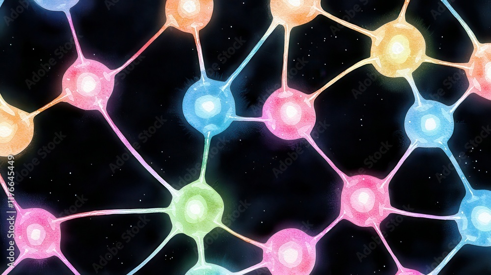 Poster abstract network of colorful nodes connected by lines against a black background representing techno