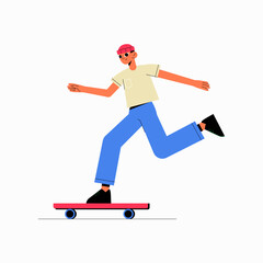 Obraz premium Male skater riding a skateboard in flat vector illustration symbolizing urban lifestyle, transportation, and sport, isolated on white background.