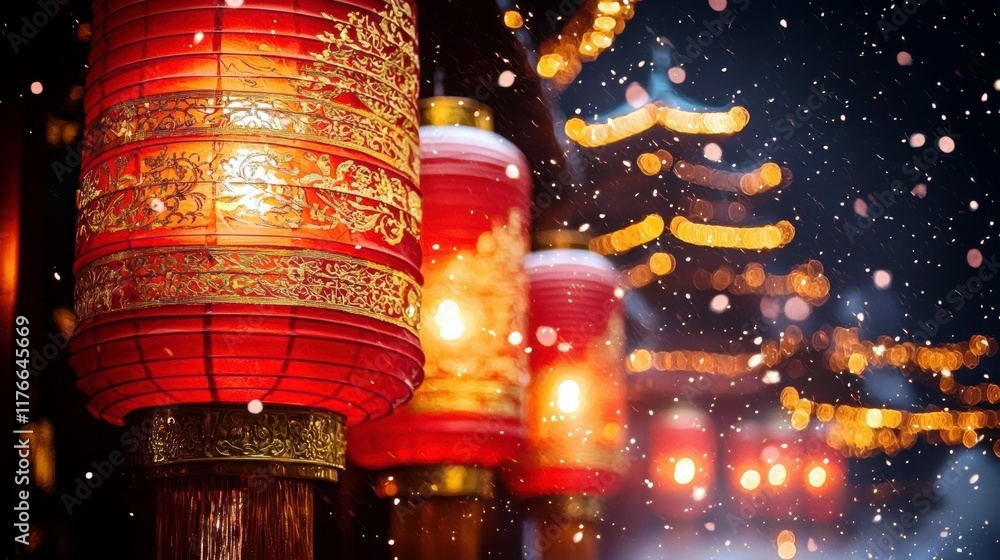 Poster beautiful red lanterns illuminating a snowy night in a cultural setting with soft bokeh lights in th
