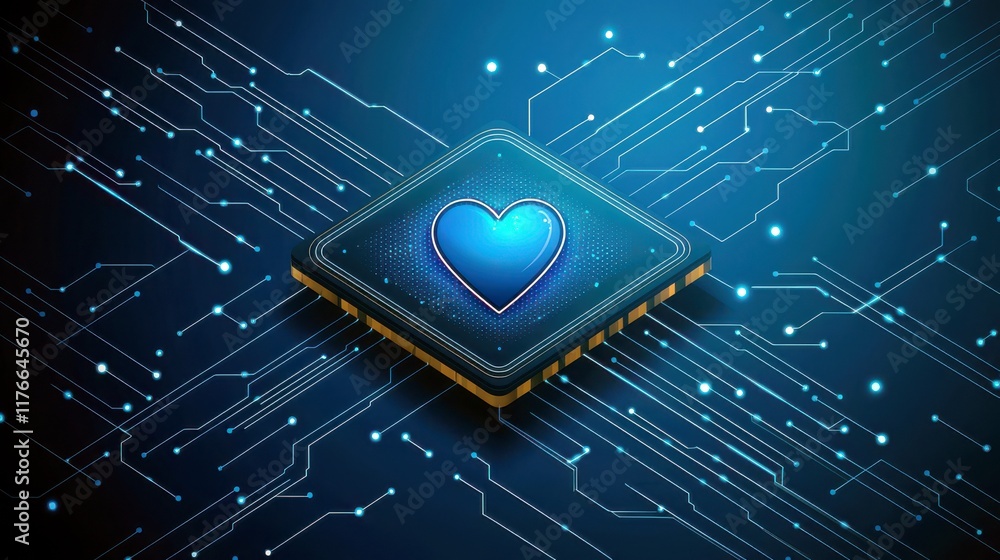 Poster modern microchip design with a glowing heart symbol representing technology, love, and digital conne
