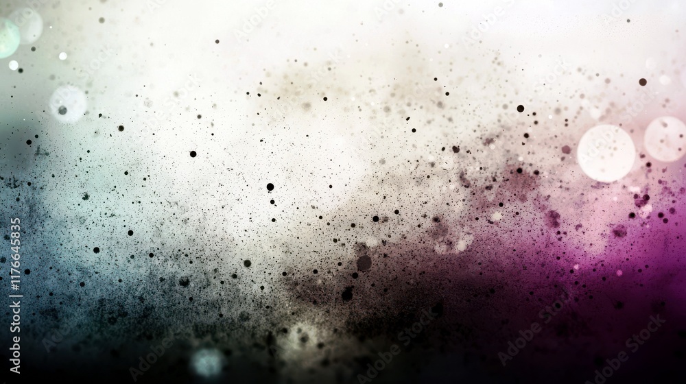 Poster abstract digital background with vibrant splashes of color, soft bokeh effects, and scattered partic
