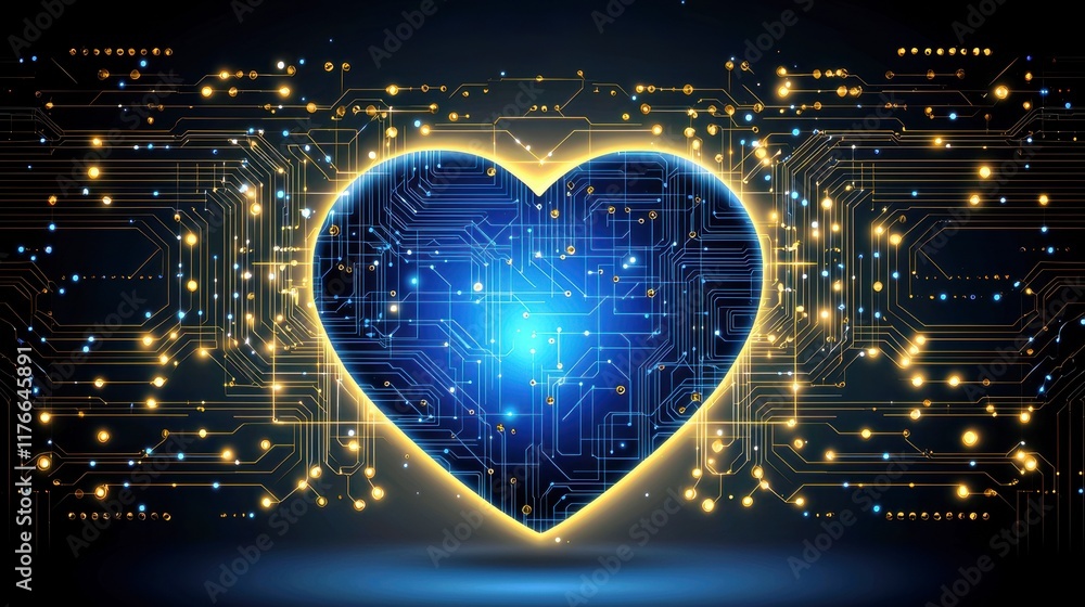 Poster digital heart with circuit patterns, glowing lines, and tech elements representing love and technolo