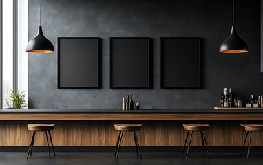 Empty bar interior with three blank posters.
