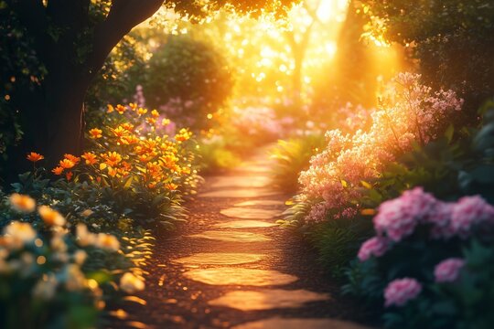 Enchanting garden pathway at sunset with glowing flowers and lush greenery