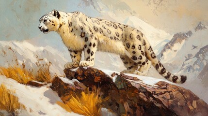 A snow leopard poised on a rocky outcrop against a mountainous backdrop.