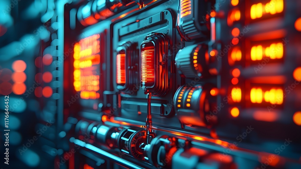 Poster futuristic abstract machine panel with neon light and tech elements