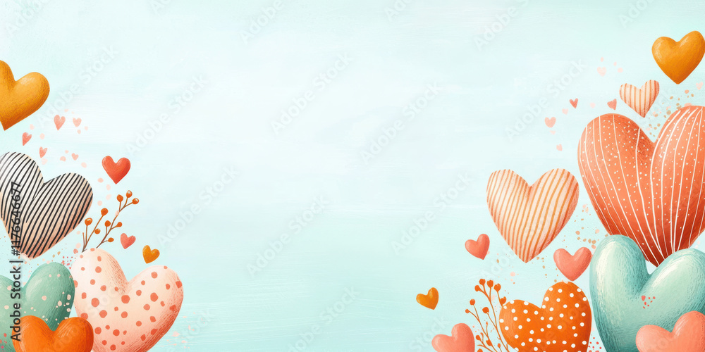Poster colorful hearts in various sizes and patterns on soft background