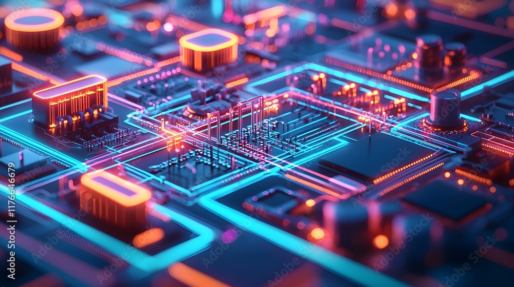 Poster futuristic circuit board design with neon lights and complex patterns