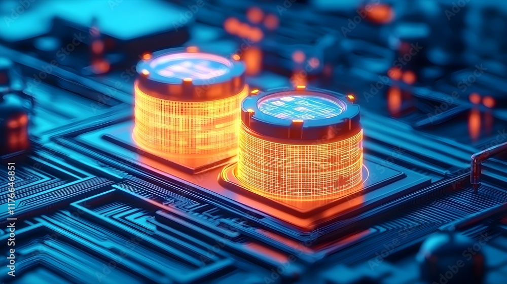 Poster futuristic circuit board with glowing components and data connections