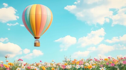 Fototapeta premium Spring time inspired relaxation. Colorful hot air balloon soaring over a vibrant flower field under a bright blue sky.