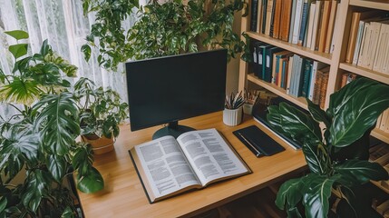Fototapeta premium National Thesaurus Day: Books and an open thesaurus on a cozy study desk