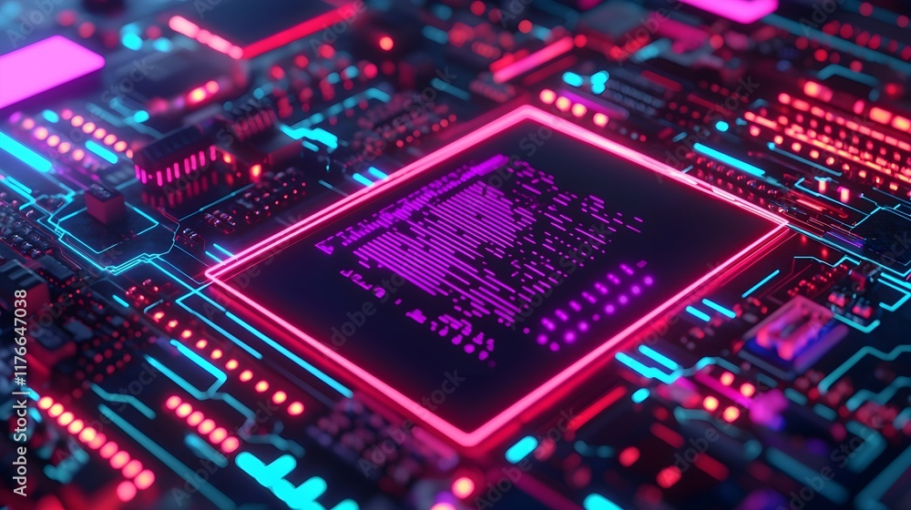 Poster futuristic circuit board with neon lights and abstract patterns