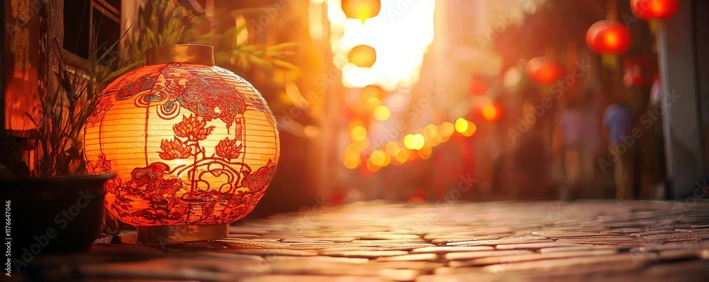 Poster warm glow of lanterns in a serene alleyway at sunset with soft focus and vibrant colors creating a m