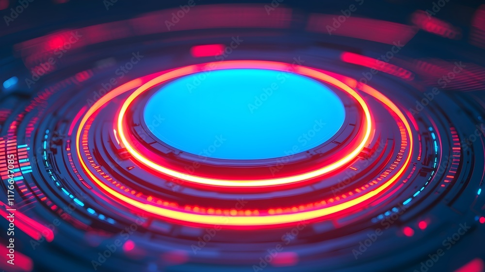 Poster futuristic circular design with bright neon elements and patterns