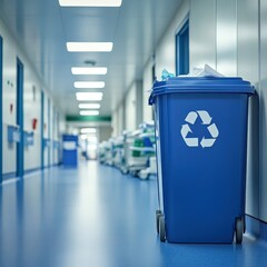 Blue Recycling Bin in Hospital Corridor with Bright Lighting and Clean Floor, Promoting Eco-Friendly Practices in Healthcare Facilities and Waste Management Efforts.