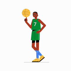 Fototapeta premium Male basketball player spinning ball in flat vector illustration symbolizing sportsmanship, athleticism, and confidence, isolated on white background.