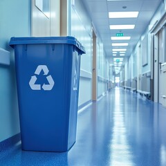 Blue recycling bin placed in a clean hospital corridor with glossy floors and bright lighting, emphasizing sustainability and eco-friendly practices in healthcare settings.