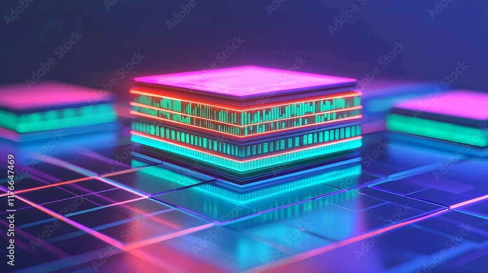 Poster futuristic colorful data processing chips on high-tech surface