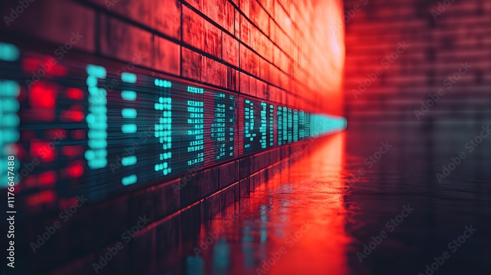 Poster futuristic corridor with glowing data streams and reflective surfaces