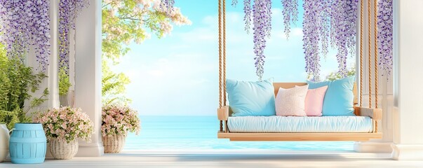Spring time inspired relaxation. A serene swing surrounded by wisteria blooms, offering a picturesque view of the ocean.