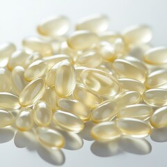 Close-up of Softgel Capsules in Various Shades of Golden Yellow on a Reflective Surface for Pharmaceutical and Wellness Concepts
