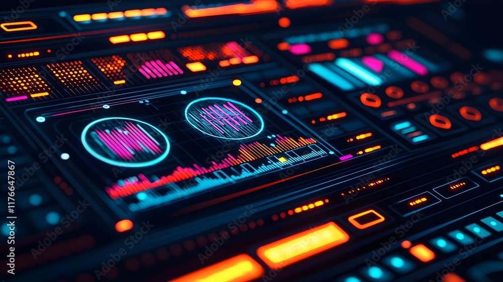 Poster futuristic data dashboard interface with vibrant neon visuals