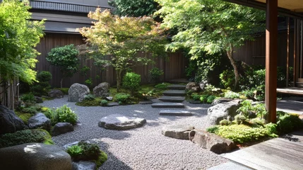 Poster de jardin 3D Serene Japanese Garden: A Tranquil Oasis of Stone and Greenery  © Magnetix Art