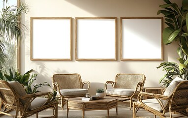 Empty frames in bright room with wicker furniture, plants, for lifestyle or interior design.