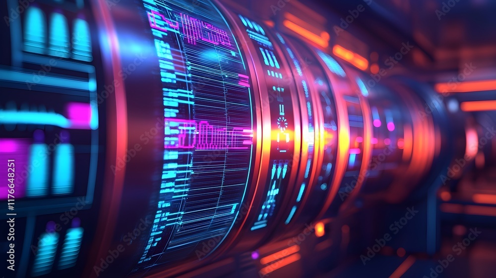 Poster futuristic data processing interface with vibrant neon lights