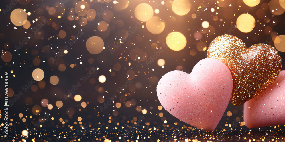 Poster soft glowing hearts with sparkling bokeh create romantic atmosphere
