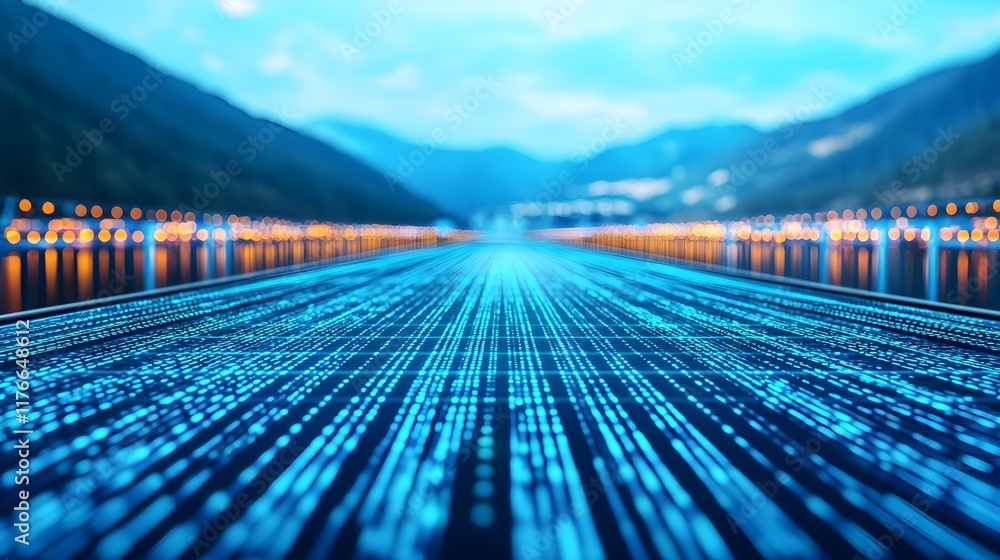 Poster futuristic data stream displaying bright lines over scenic background