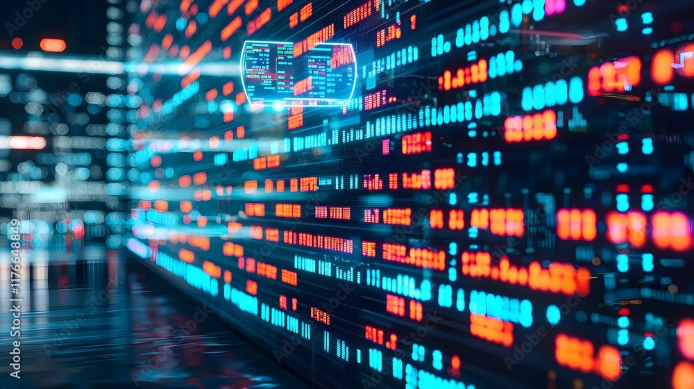 Poster futuristic data visualization with bright colored digital elements