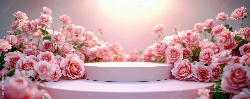 Poster soft pink roses surrounding a blank display platform in a brightly lit studio setting for elegant pr
