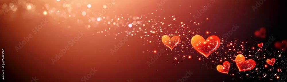 Poster dazzling stream of floating hearts with sparkling glitter effect on a warm orange background ideal f